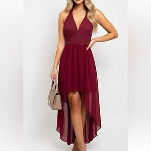 Graceful Burgundy Halter Asymmetrical Dress- Honey & Rosie